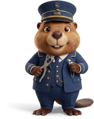 Das Maskottchen der Museumsbahn: ein Biber in Kondukteur-Uniform mit Billettzange und Pfeife